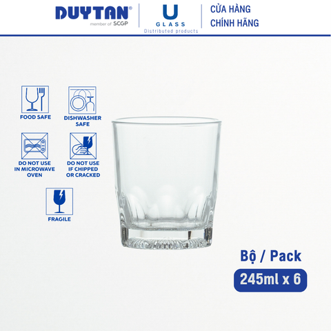 Bộ 6 Ly cốc thủy tinh U Glass 245ml kiểu lùn đáy ngấn - PUG356