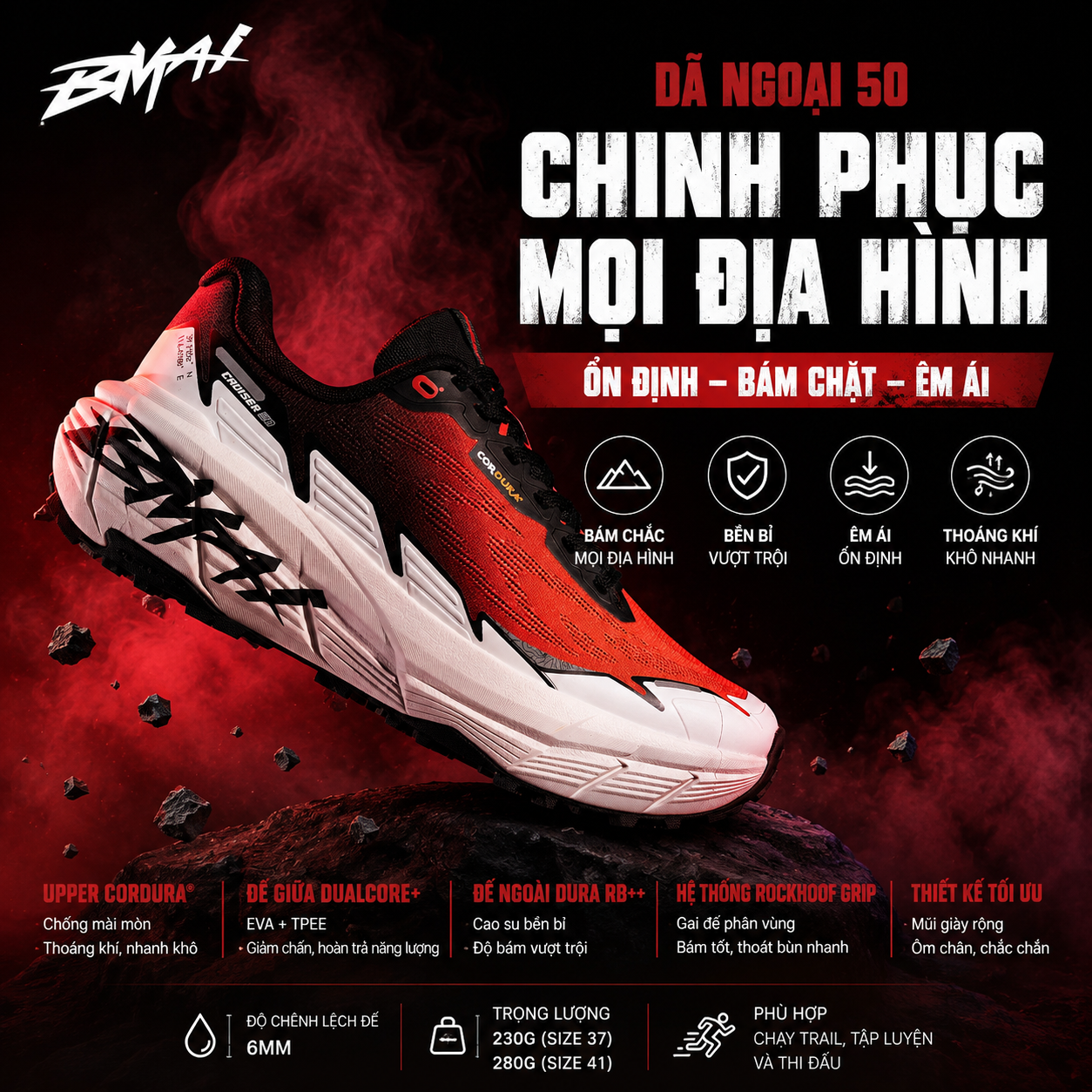  Giày Chạy Trail Địa Hình Đường Dài BMAI Land Cruiser 50 - Chinh phục mọi địa hình – Tự tin trên từng bước chạy 