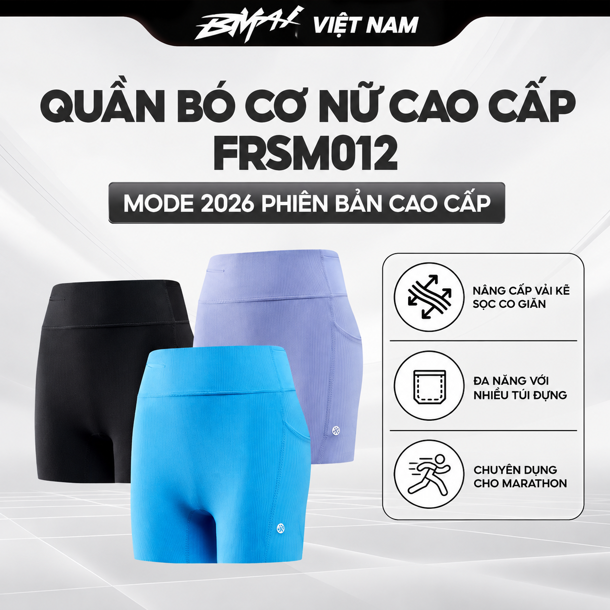  BMAI Quần Bó Cơ Nữ Cao Cấp 3inch FRSM012 - Mode 2026 phiên bản cao cấp, Nâng cấp vải kẻ sọc co giãn, Chuyên dụng cho marathon 
