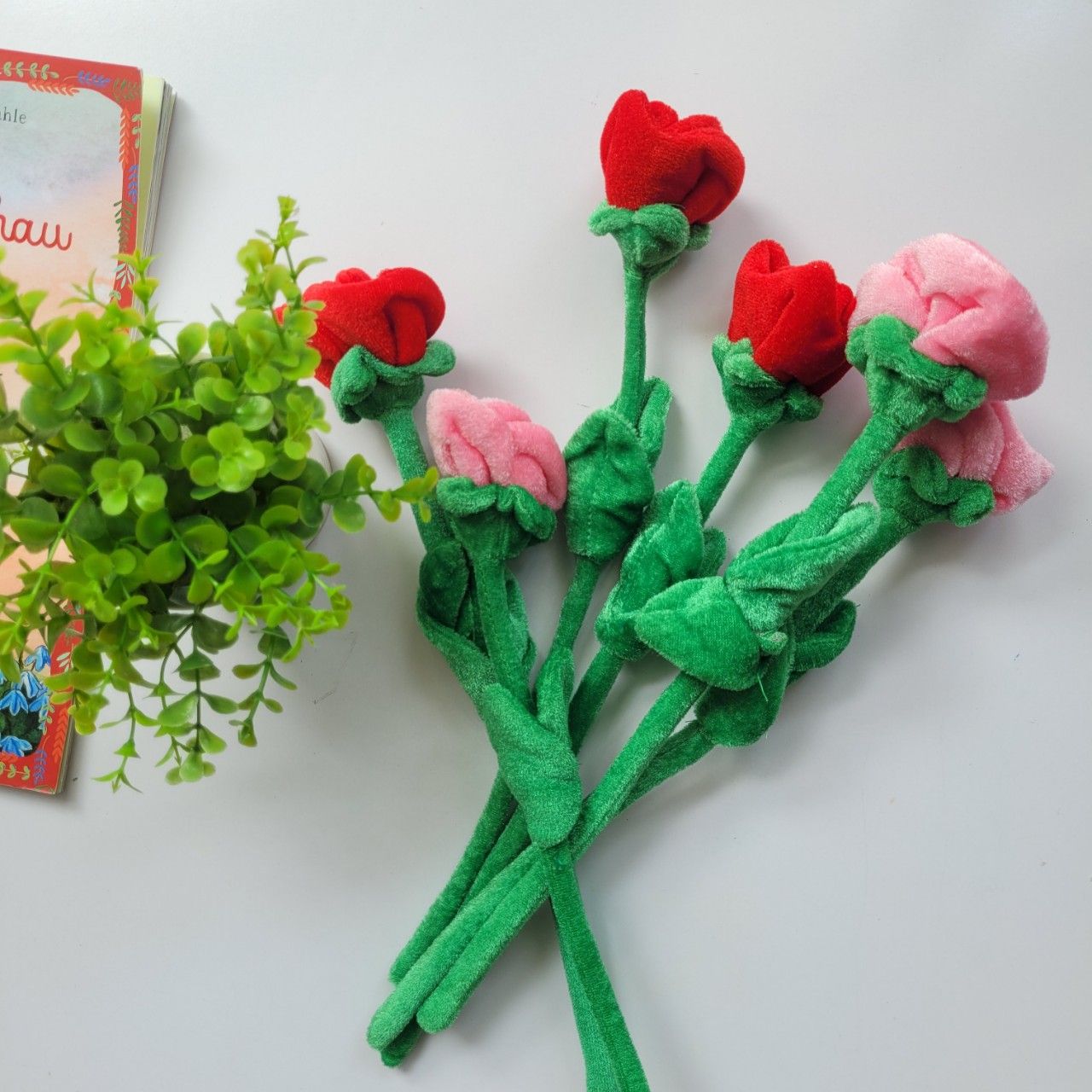  Nhánh hoa hồng vải nhung màu hồng 