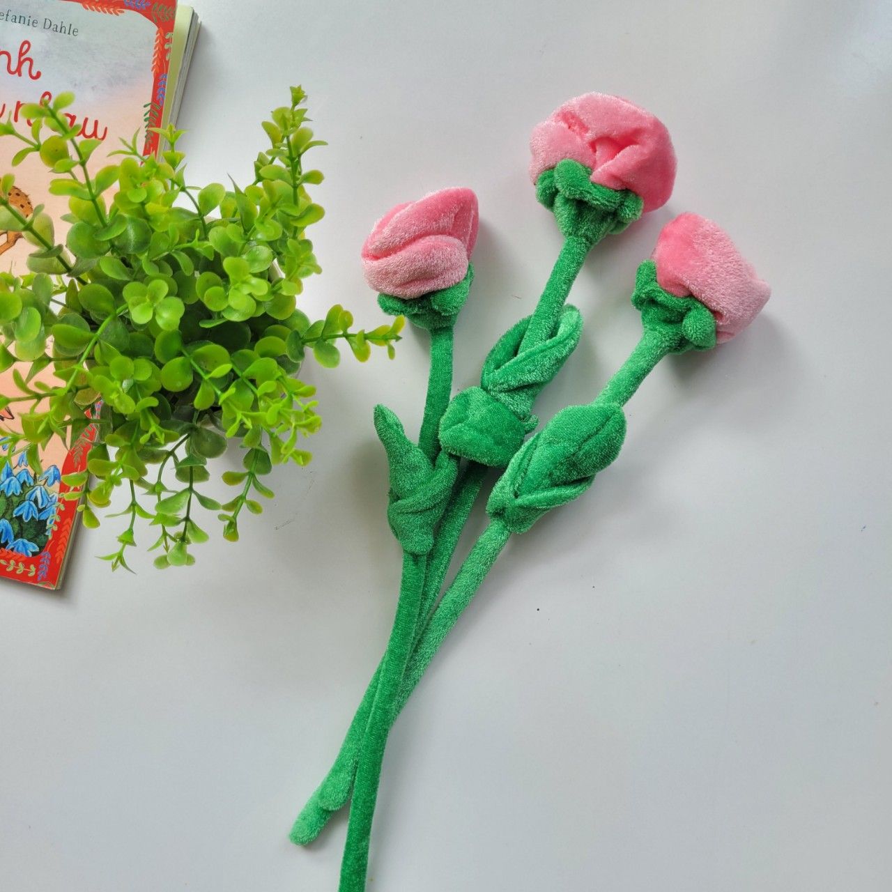  Nhánh hoa hồng vải nhung màu hồng 