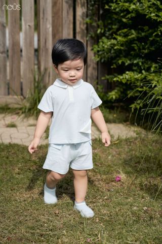  Bộ cộc áo có cổ caro xanh phối trắng 