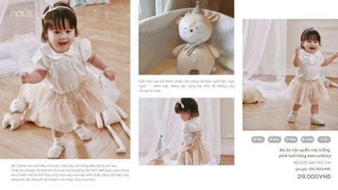  Bộ áo cộc quần váy trắng phối lưới hồng kèm softtoy 
