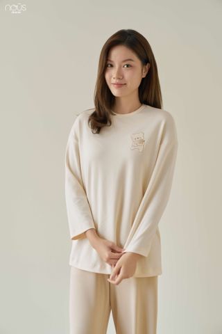  Bộ dài tay Mom áo cổ tròn màu be thêu gấu quần nâu 