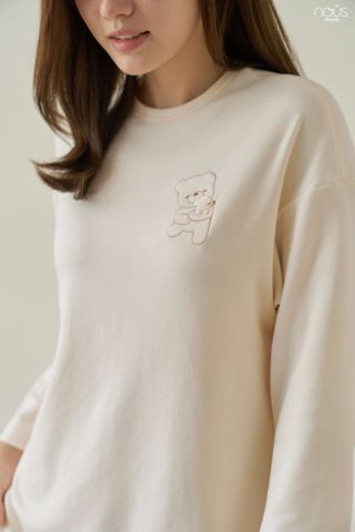  Bộ dài tay Mom áo cổ tròn màu be thêu gấu quần nâu 