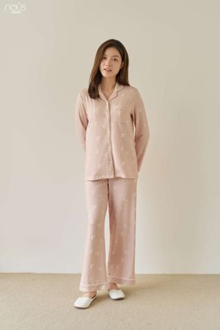  Bộ pyjama mom dài tay màu hồng họa tiết thỏ 
