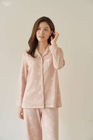  Bộ pyjama mom dài tay màu hồng họa tiết thỏ 