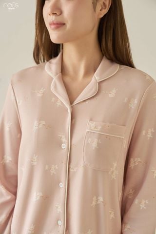  Bộ pyjama mom dài tay màu hồng họa tiết thỏ 