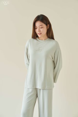  Bộ dài tay mom áo cổ tròn màu xanh lá thêu tinkerbell 