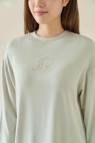  Bộ dài tay mom áo cổ tròn màu xanh lá thêu tinkerbell 