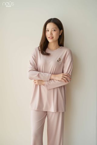  Bộ dài tay chui đầu màu hồng vỏ đỗ thêu gấu 