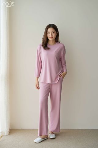  Bộ dài tay áo chui đầu màu hồng đỗ thêu thỏ 