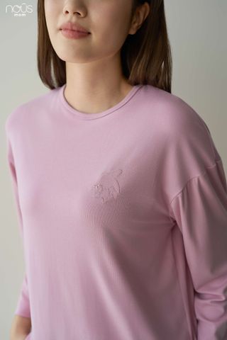  Bộ dài tay áo chui đầu màu hồng đỗ thêu thỏ 