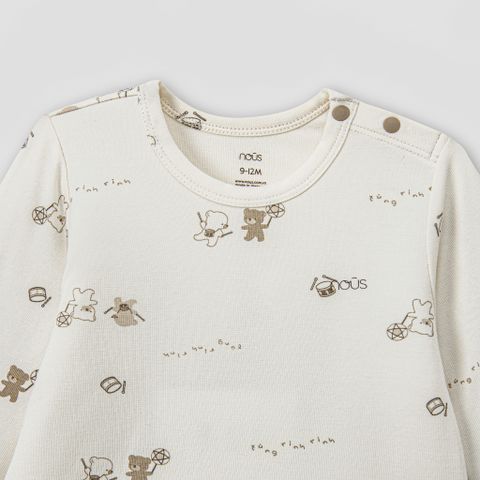  Bộ dài cài thẳng màu be họa tiết gấu phối quần xanh 