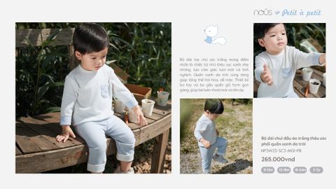  Bộ dài tay áo cài lệch trắng phối quần xanh da trời 