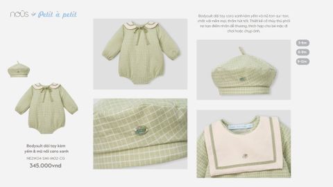  Bodysuit dài tay kèm yếm & mũ nồi caro xanh 