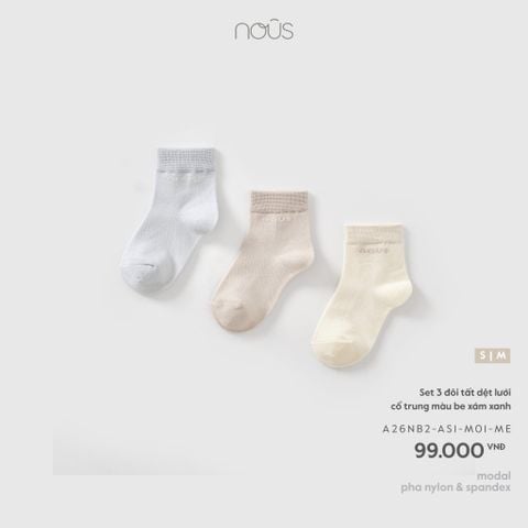 Set 3 đôi tất dệt lưới cổ trung màu be xám xanh 