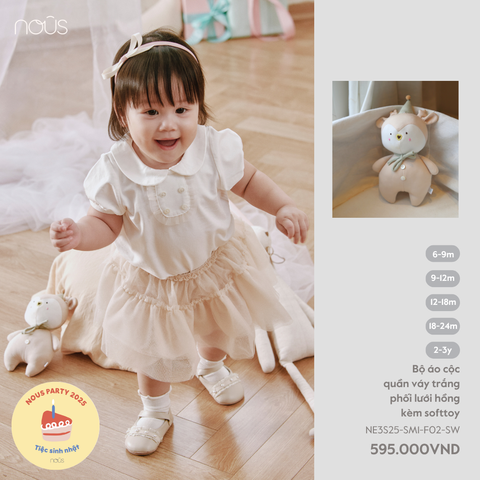  Bộ áo cộc quần váy trắng phối lưới hồng kèm softtoy 