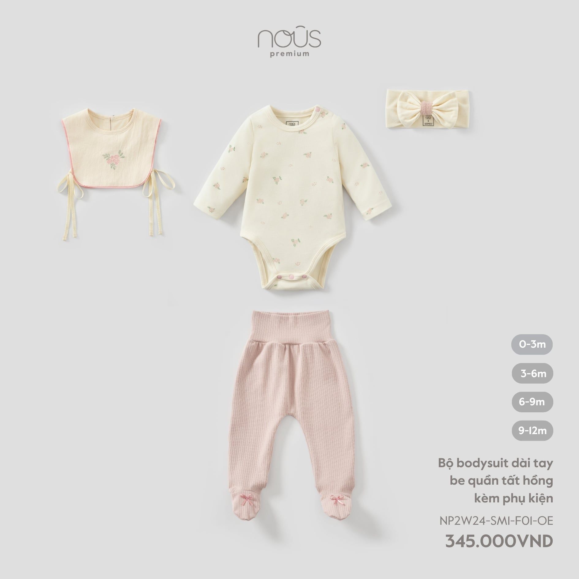  Bộ bodysuit dài tay be quần tất hồng kèm phụ kiện F01 