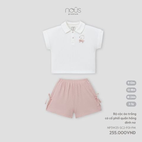  Bộ cộc áo trắng có cổ phối quần hồng đính nơ 