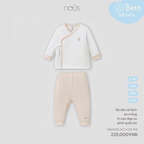  Bộ dài cài lệch áo trắng in cáo đạp xe phối quần be 