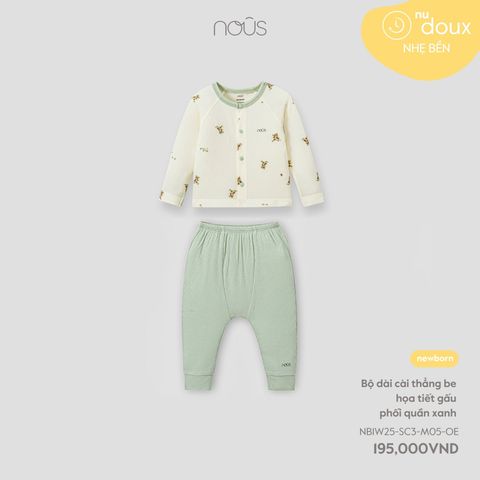  Bộ dài cài thẳng be họa tiết gấu phối quần xanh 