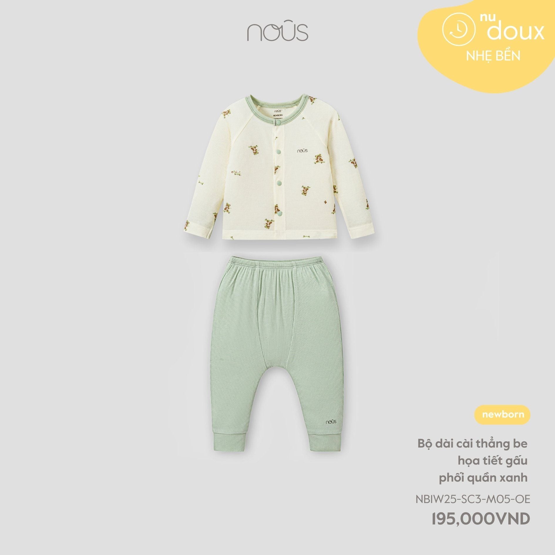  Bộ dài cài thẳng be họa tiết gấu phối quần xanh 