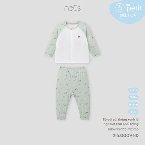  Bộ dài cài thẳng xanh lá họa tiết tem phối trắng 