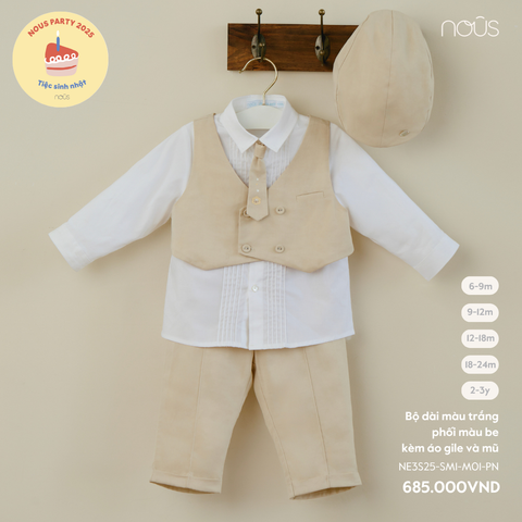  Bộ dài màu trắng phối màu be kèm áo gile và mũ 