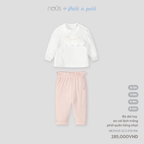  Bộ dài tay áo cài lệch trắng phối quần hồng nhạt 