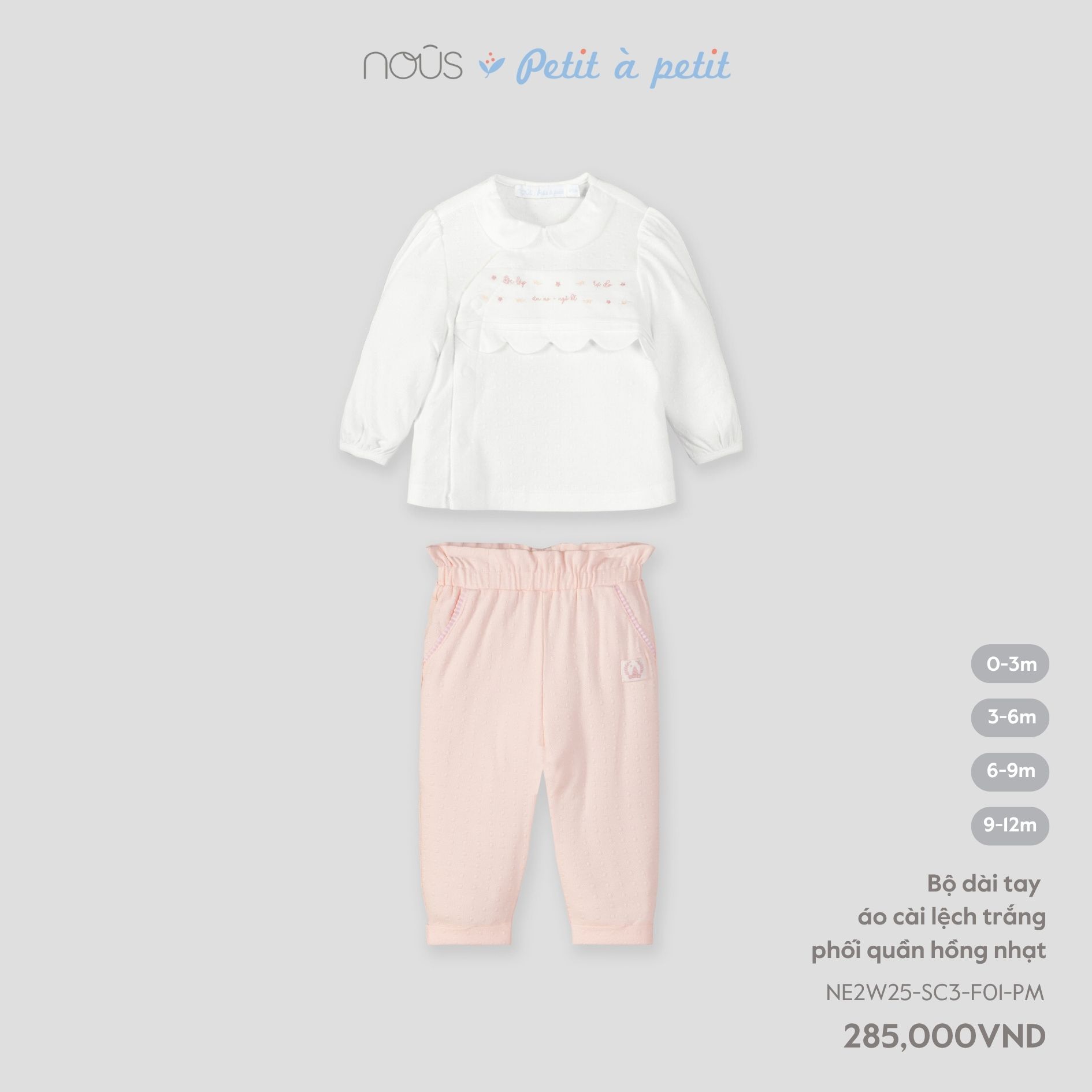  Bộ dài tay áo cài lệch trắng phối quần hồng nhạt 