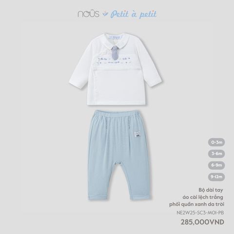  Bộ dài tay áo cài lệch trắng phối quần xanh da trời 