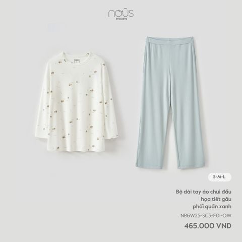  Bộ dài tay áo chui đầu họa tiết gấu phối quần xanh 