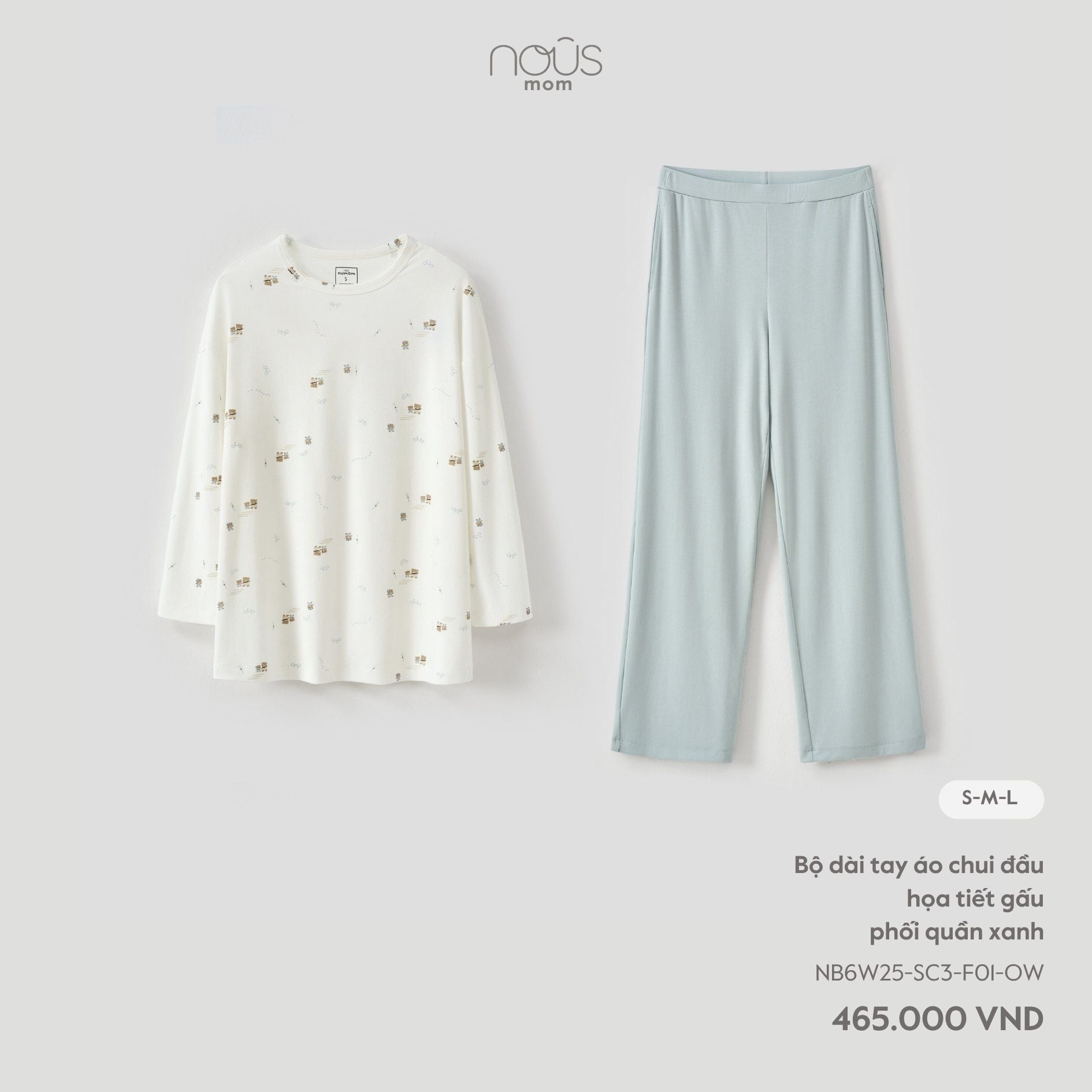  Bộ dài tay áo chui đầu họa tiết gấu phối quần xanh 