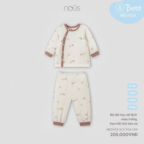  Bộ dài tay cài lệch màu trắng họa tiết thỏ kéo xe 