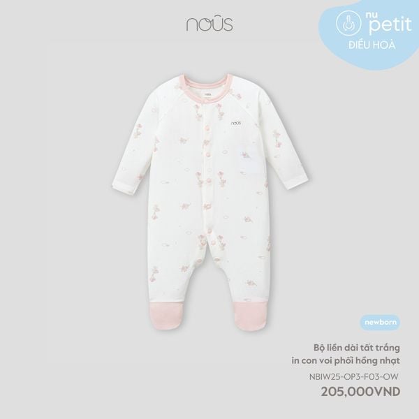  Bộ liền dài tất trắng in con voi phối hồng nhạt 