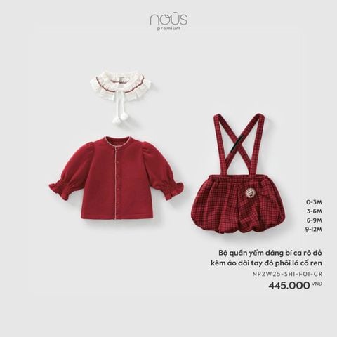  Bộ quần yếm dáng bí ca rô đỏ kèm áo dài tay đỏ phối lá cổ ren 