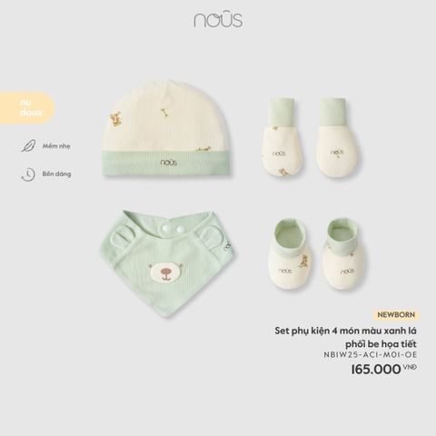  Set phụ kiện 4 món màu xanh lá phối be họa tiết 
