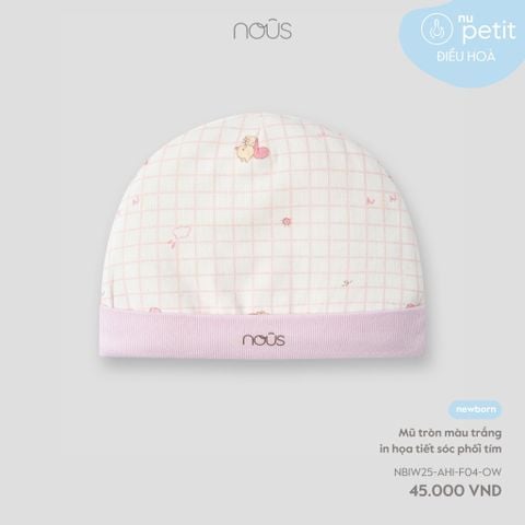  Mũ tròn màu trắng in họa tiết sóc phối tím 