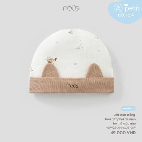  Mũ tròn trắng họa tiết phối tai mèo bo mũ màu nâu 