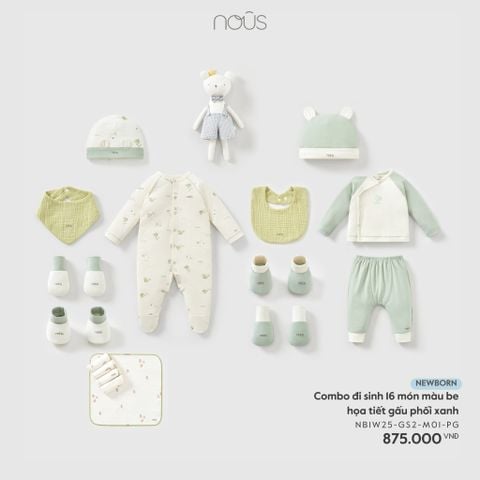  Combo đi sinh 16 món màu be họa tiết gấu phối xanh 