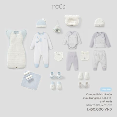  Combo đi sinh 19 món màu trắng họa tiết ô tô phối xanh 