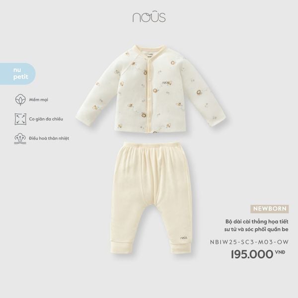  Bộ dài cài thẳng họa tiết sư tử và sóc phối quần be NB 