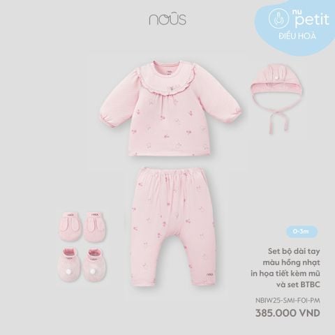  Set bộ dài tay màu hồng nhạt in họa tiết kèm mũ và set BTBC 