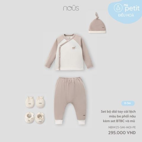  Set bộ dài tay cài lệch màu be phối nâu kèm set BTBC và mũ 