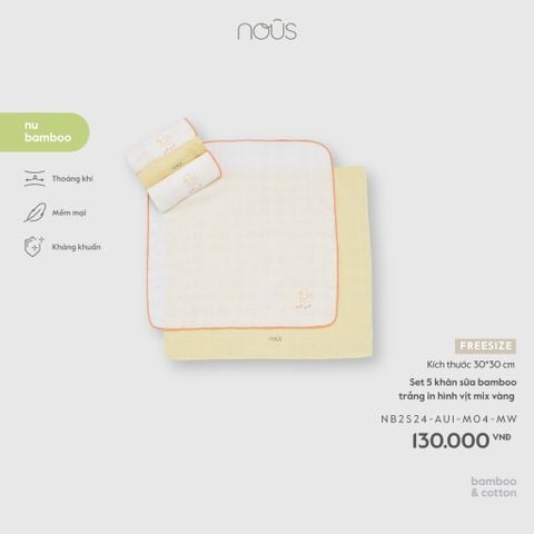  Set 5 khăn sữa bamboo trắng in hình vịt mix vàng 
