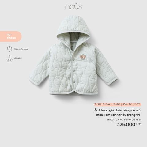  Áo khoác gió chần bông có mũ màu xám xanh thêu trang trí 