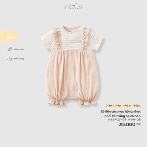  Bộ liền cộc màu hồng nhạt phối kẻ trắng be có bèo 