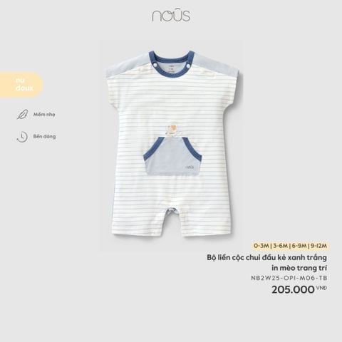  Bộ liền cộc chui đầu kẻ xanh trắng in mèo trang trí 