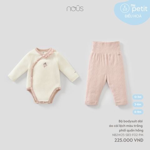  Bộ bodysuit dài áo cài lệch màu trắng phối quần hồng 